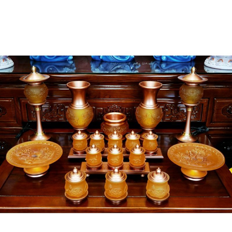 Bộ thờ cúng thủy tinh lưu ly vàng phối  đồng cao cấp