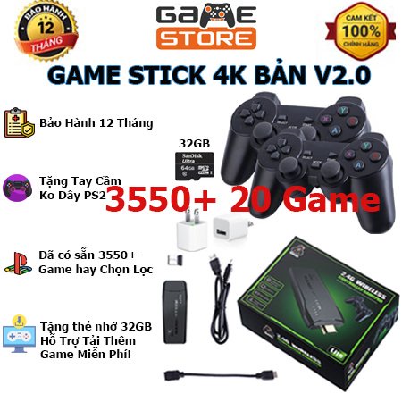 Game Stick 4k Pro 3500 + 30 trò chơi mới, máy chơi game cầm tay 4 nút không dây, bảo hành 12 tháng