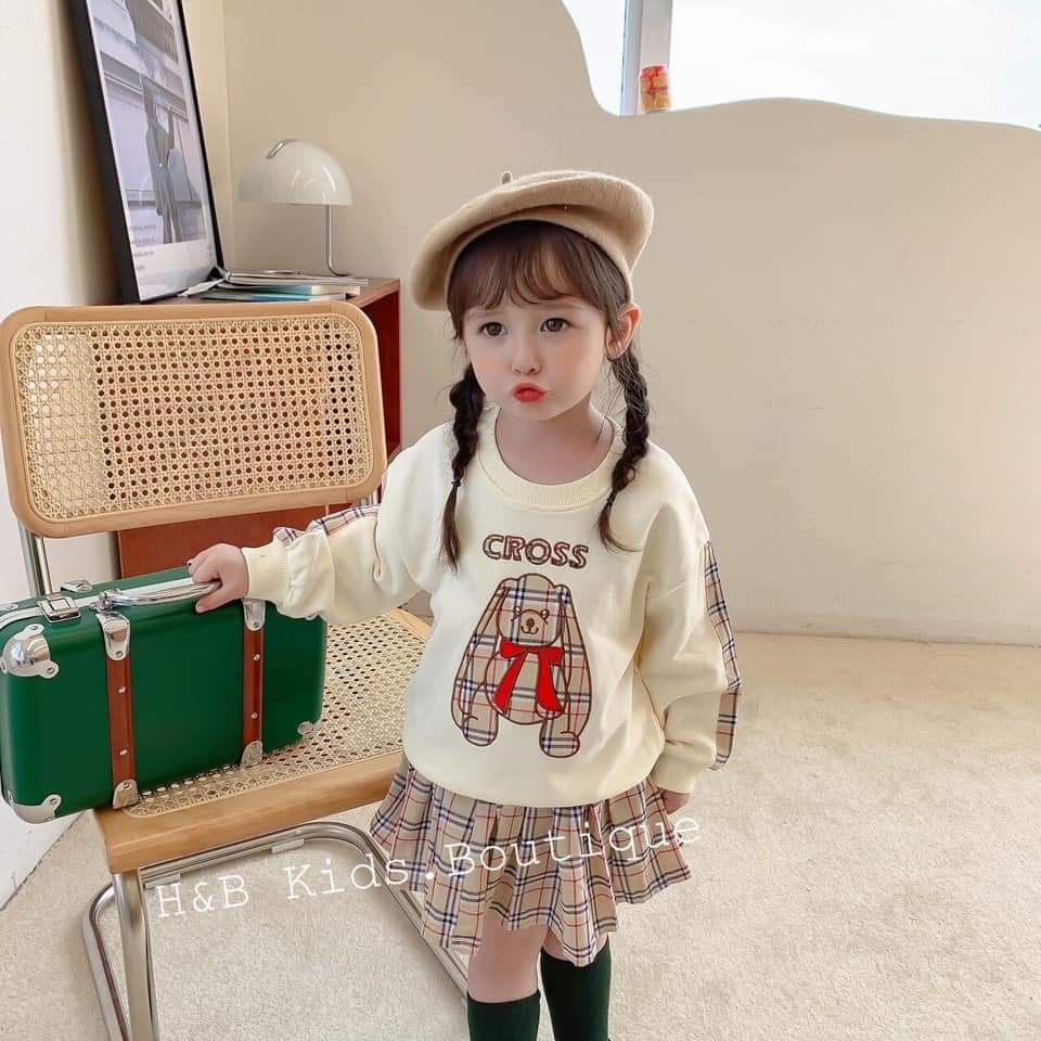 Set váy thu đông bé gái, váy BBR gấu thêu vải da cá quảng châu