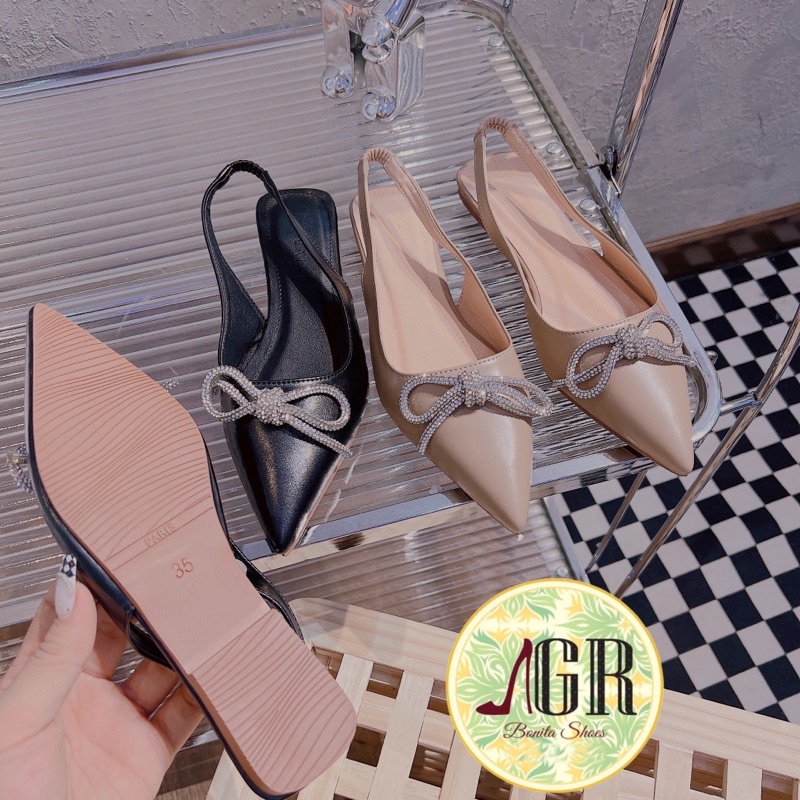 Sandal mũi nhọn da mềm nơ gút hạt đá hậu thun