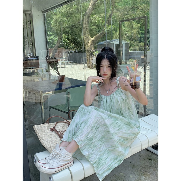 Đầm đi biển 2 dây không tay phong cách Pháp thời trang mùa hè dành cho nữ