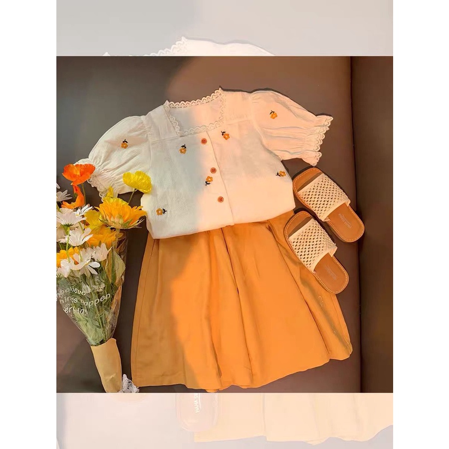 Bộ Áo Sơ Mi Thêu Họa Tiết 2022 + Quần Dài Phong Cách Hàn Quốc Mới Cho Bé Gái