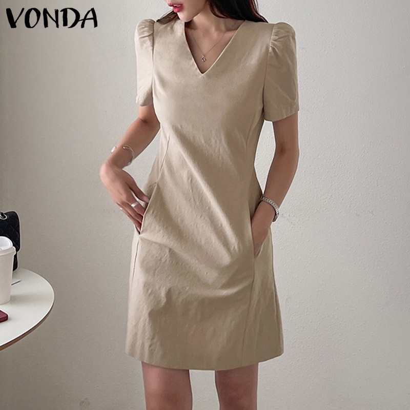 Đầm mini VONDA tay ngắn cổ chữ V màu trơn phối túi thời trang mùa hè Hàn Quốc cho nữ