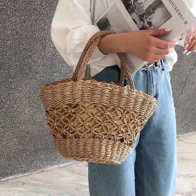 Túi cói cầm tay đan thưa - hoa văn đồng tiền - phong cách Vintage