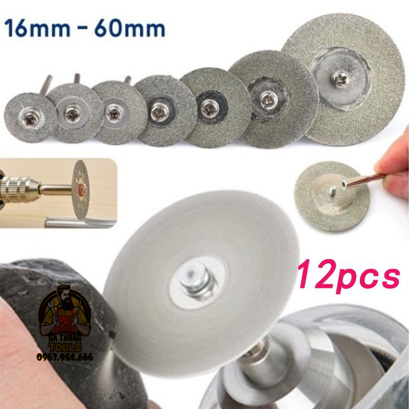 Bộ 10 Lưỡi Cắt Mini Đa Năng Đường Kính 16-60mm Kèm 2 Trục Gắn Máy - Chuyên Cắt Ngọc,Đá,Thủy Tinh,Gỗ,Nhựa,...