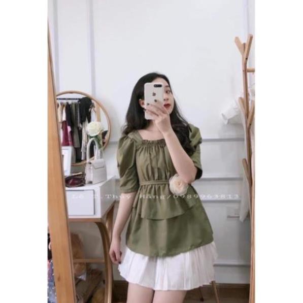 Sét áo xanh cổ vuông kèm chân váy trắng