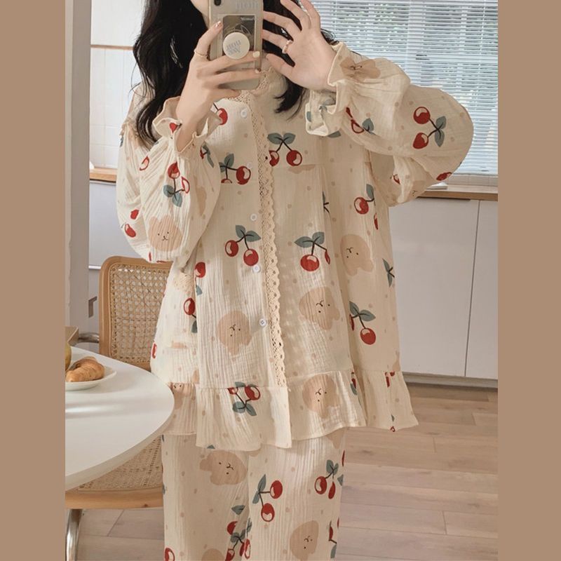 Bộ ngủ cute hình cherry cổ phối ren tay bo, pyjama dễ thương