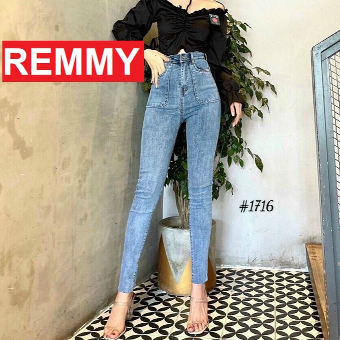 QUẦN JEAN NỮ CẠP CAO XANH TRƠN CO GIÃN ÔM BODY KJ1716 REMMYSHOP