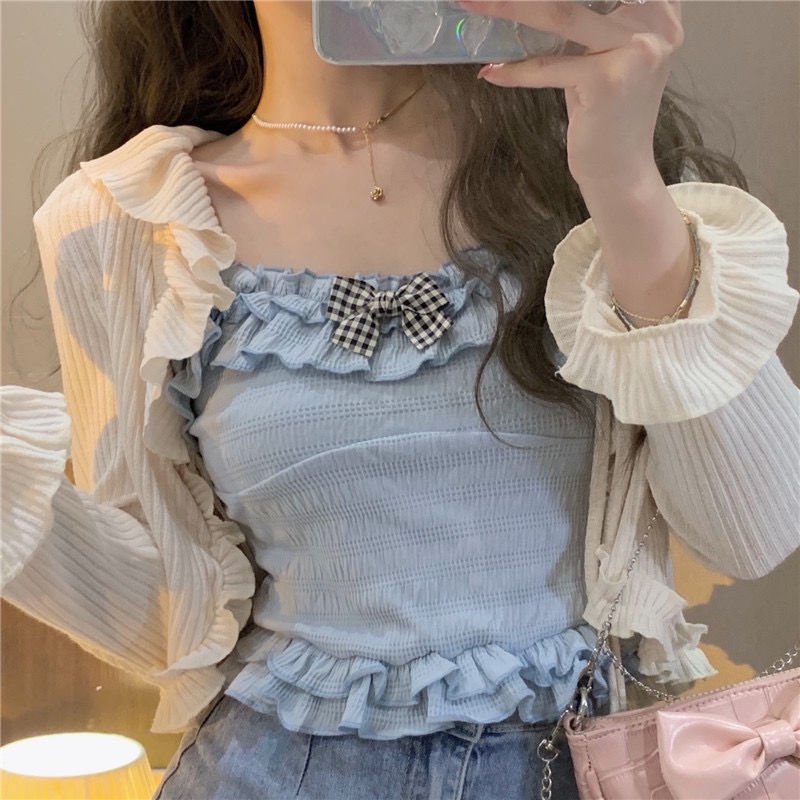 Áo Cardigan Ngắn Chống Nắng Cột Dây Nơ Tai Gỗ Dễ Thương Phong Cách Nhật Bản Cho Nữ