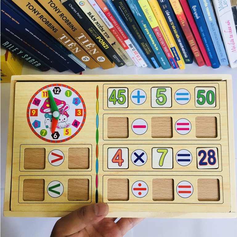 Đồ chơi hộp gỗ toán học,đồ chơi cho bé kèm bảng đen ,đồng hồ ,que tính ,100 thẻ số - đồ chơi thông minh cho bé