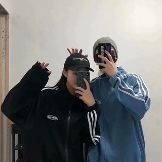 Áo Khoác Thể Thao Kẻ Sọc Phối Dây Ruy Băng Phong Cách Hip Hop Cho Cặp Đôi