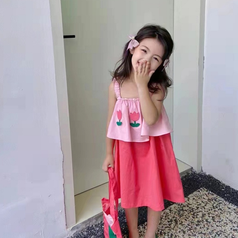 Đầm Sát Nách In Hoa Màu Sắc Tương Phản Xinh Xắn Cho Bé Gái