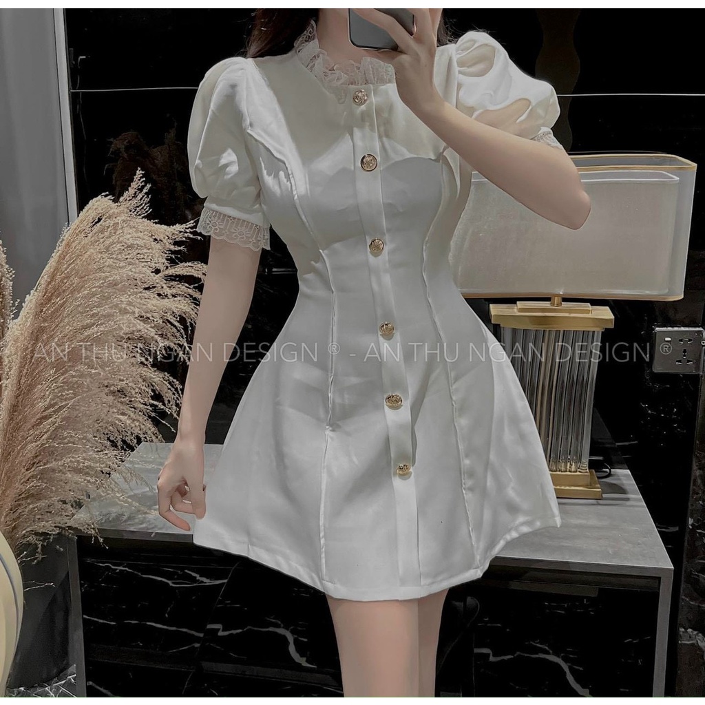 Đầm nữ thời trang mặc đi chơi chất cotton lạnh ren cổ tròn tay ngắn phối nút trước cao cấp