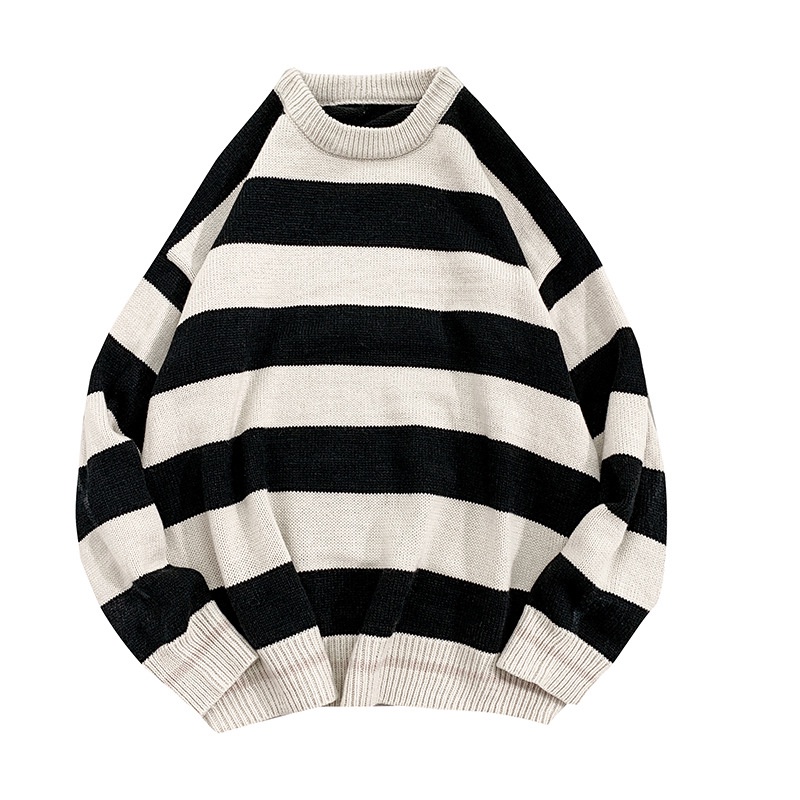 Áo sweater dệt kim dáng rộng kẻ sọc phong cách Hồng Kông thời trang thu đông cho cặp đôi