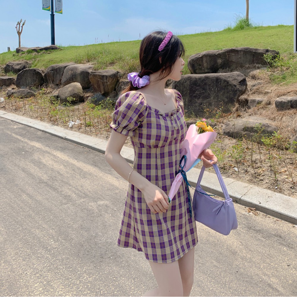 Váy nữ , váy đầm nữ váy kẻ sọc caro dáng ngắn chữ A tay bồng nữ tính ATILA SHOP | BigBuy360 - bigbuy360.vn