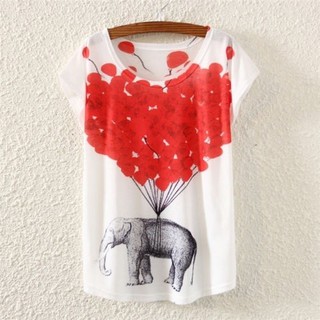 ☛☏❤Vintage Fashion Women Short Sleeve Love Elephant Print T Shirt Blouse Tops Tee