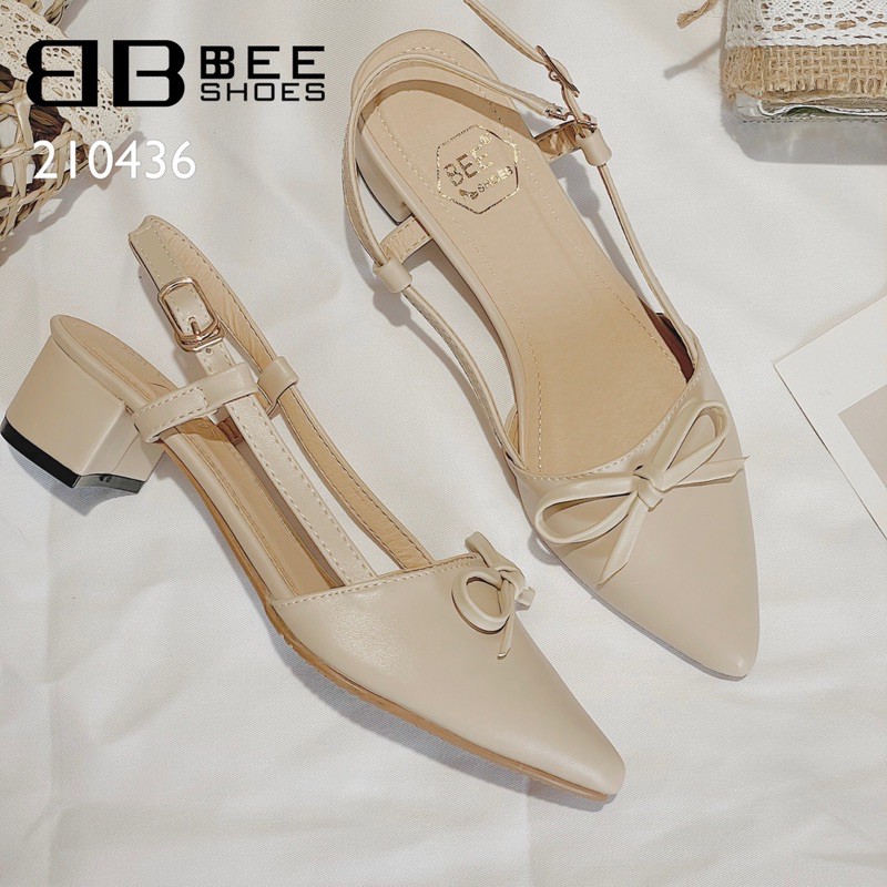 BEESHOES - GIÀY BÚP BÊ NỮ MŨI NHỌN NƠ - GIÀY BÚP BÊ NỮ MŨI NHỌN GÓT VUÔNG CAO 3 PHÂN SẴN MÀU ĐEN - KEM - TRẮNG 210436