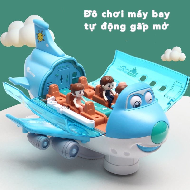 Đồ chơi máy bay tự động gấp mở chạy pin, tặng kèm 3 nhân vật Sticker, xe đồ chơi phù hợp cho bé từ  2-5 tuổi