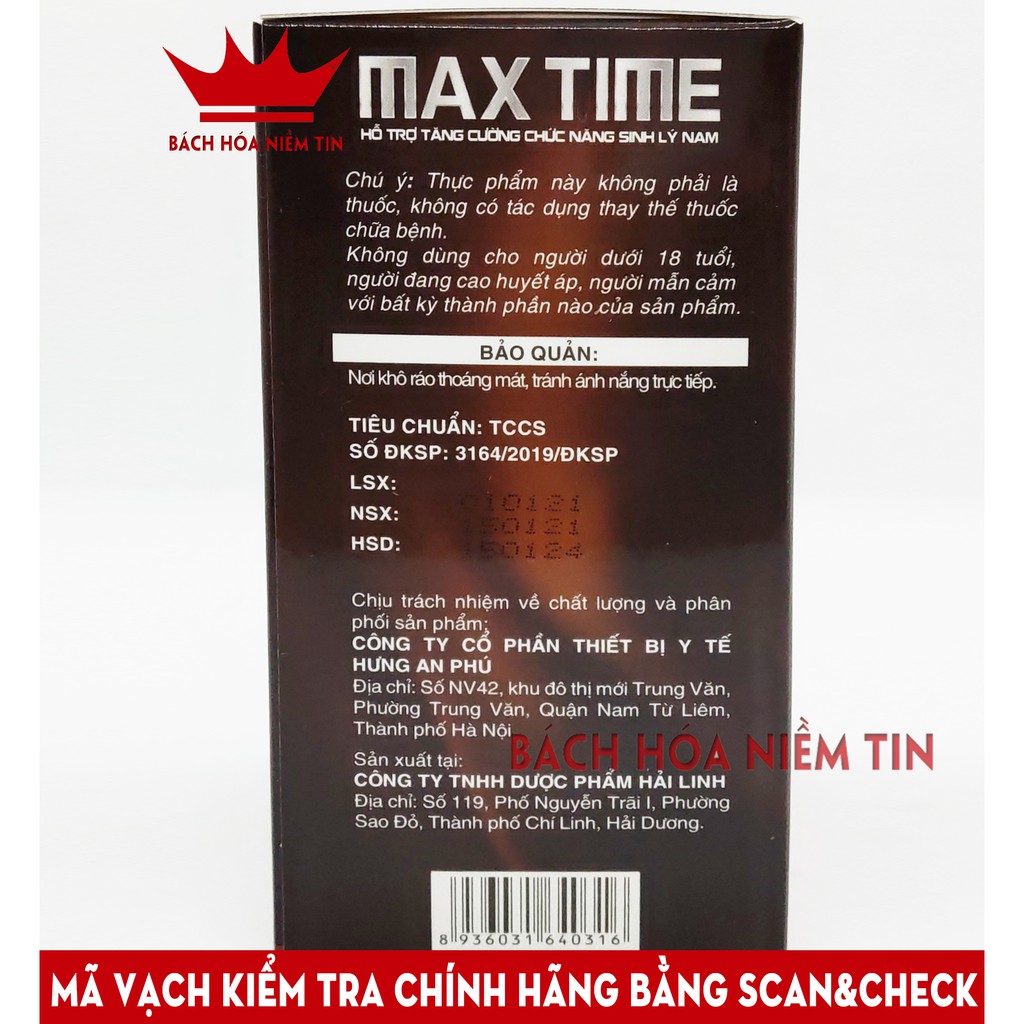 Viên uống bổ thận MAX TIME -Thành phần hàu biển, ba kích, nhân sâm giúp bổ thận tráng dương, tăng cường sinh lý- Hộp 30v