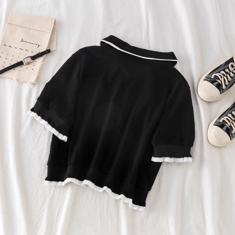 [Order] Áo polo vải len gân hoạ tiết cúc áo xinh xắn ulzzang | BigBuy360 - bigbuy360.vn