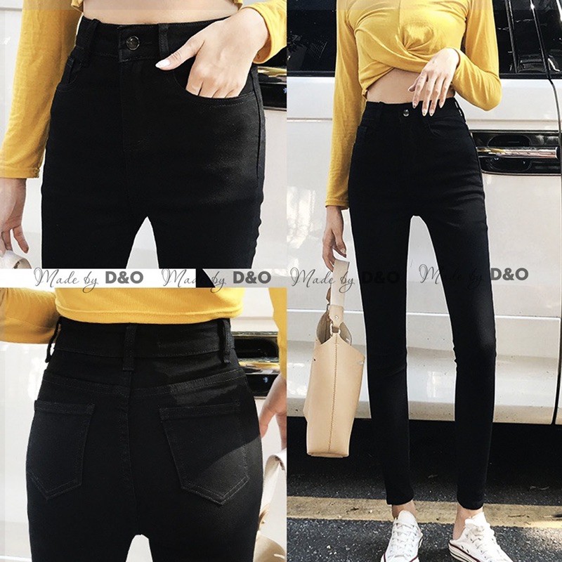[Size 32-36] Quần Bò Cạp Cao Đen Tuyền /Jeans Lưng Cao Trên Rốn Co Giãn Mạnh - Tôn Dáng Gọn Eo Bụng ĐEN TRƠN