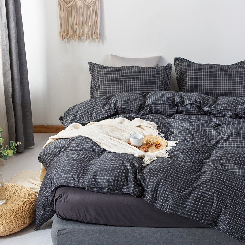 Bộ Chăn Ga Gối Poly Cotton Caro Đen Vintage
