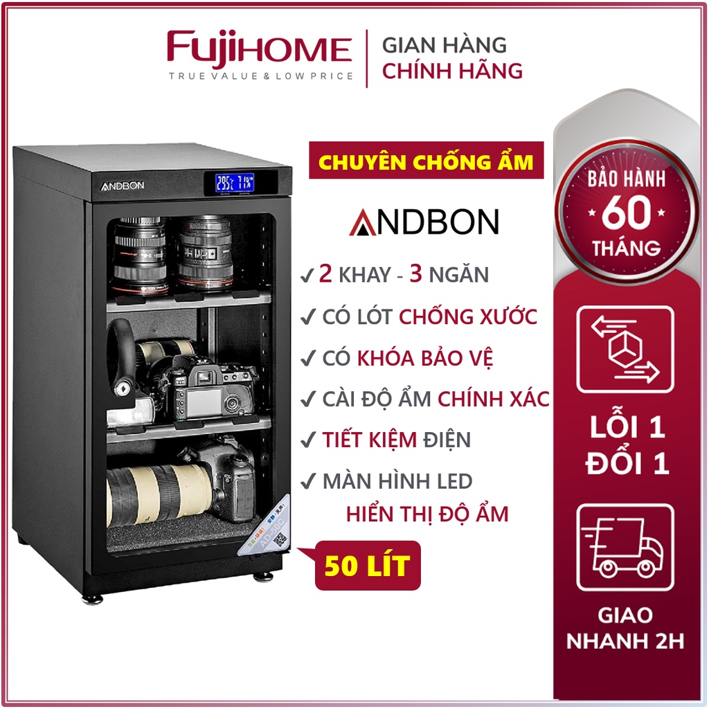 Tủ chống ẩm máy ảnh 50 lít Andbon AD-50C , Tủ hút ẩm máy ảnh 50l ba ngăn công nghệ Nhật Bản