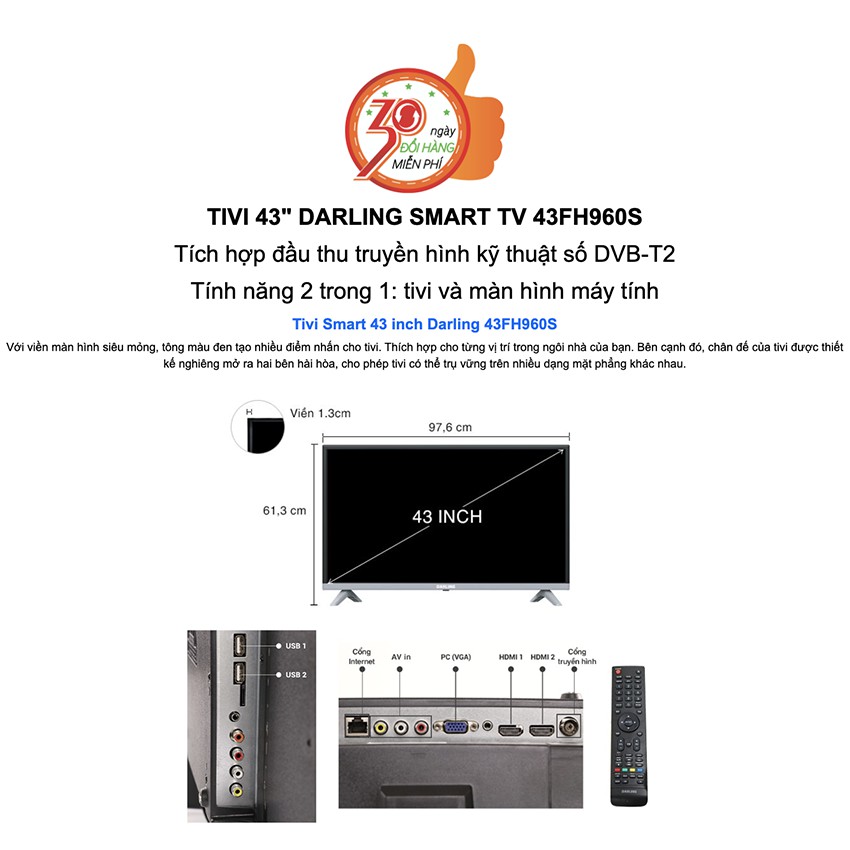 Smart Tivi Led Darling 43 inch Full HD 43FH960S  Internet, Wifi, DVB-T2, Tivi Giá Rẻ - Hàng Chính Hãng