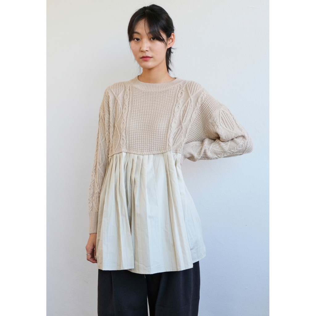 [gwilee] half knit pleated blouse - áo len phối kiểu Hàn Quốc