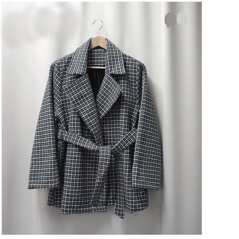 Áo dạ kẻ dáng dài kèm thắt đai vintage by