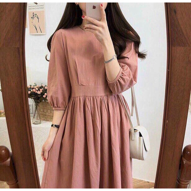 Đầm tiểu thư babydoll tay phồng màu hồng, đầm hồng basic cổ tròn dáng dài qua gối ulzzang phong cá