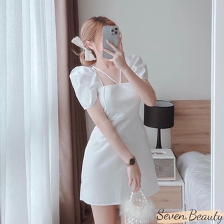 Váy tay bồng cổ vuông thắt dây cổ