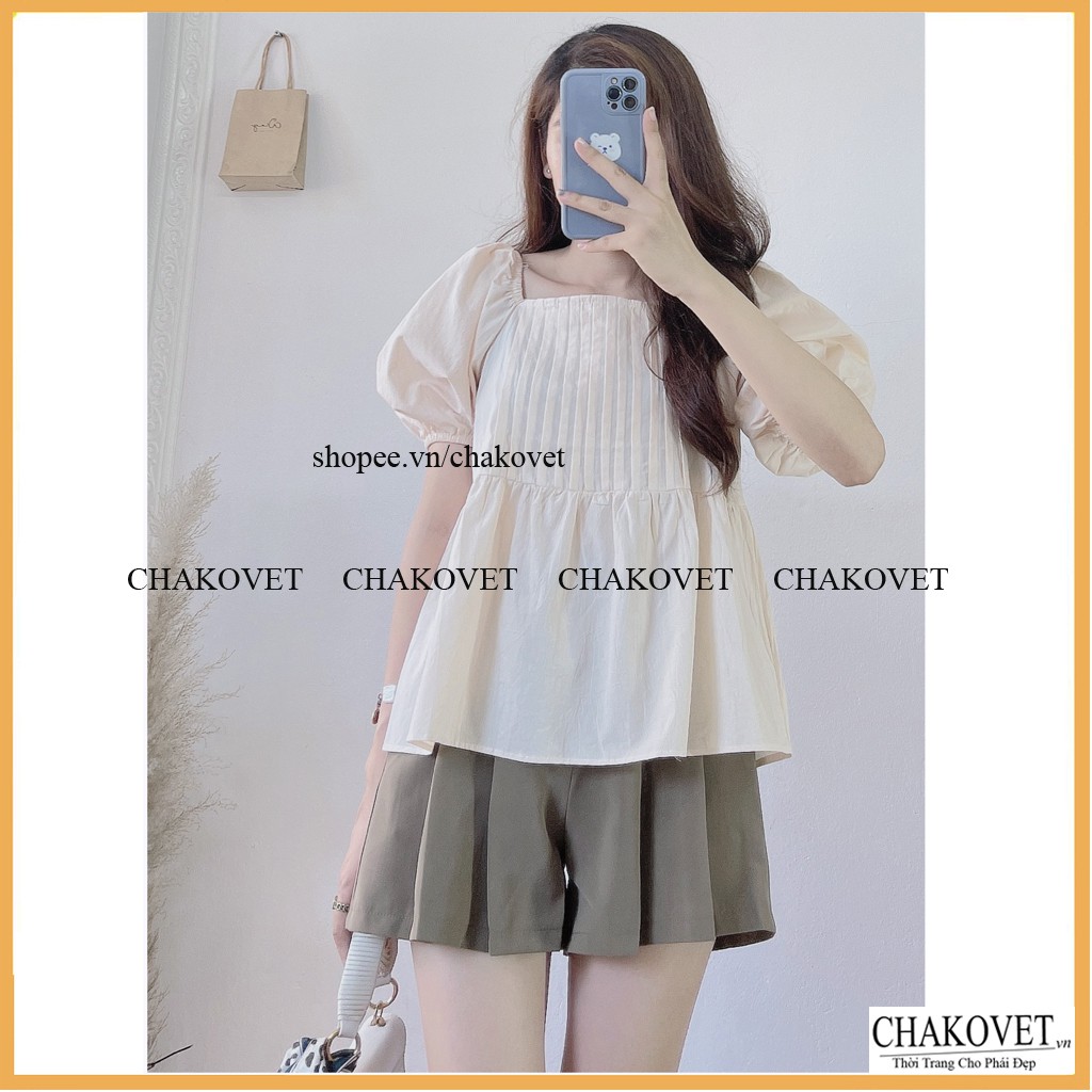 Áo sơ mi nữ tay bồng màu trắng be A856, kiểu áo nữ cộc tay cổ vuông xếp ly ngực, dáng áo babydoll đẹp trẻ trung cá tính | BigBuy360 - bigbuy360.vn