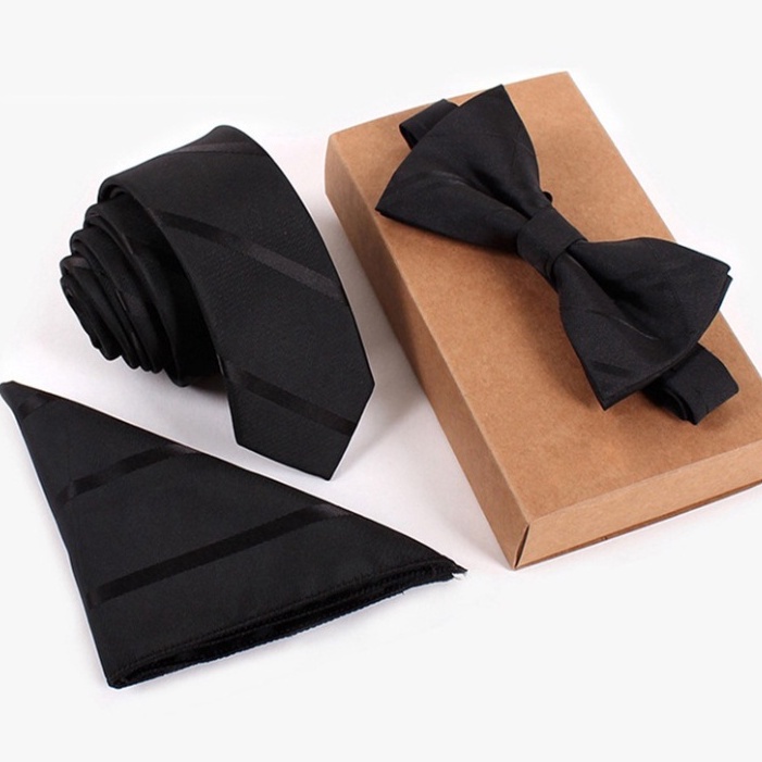 Cà vạt 6cm màu đen, Nơ cài cổ, Khăn cài túi cùng màu, cavat phong cách Hàn Quốc, Cravat chú rể, dự tiệc CBC-611