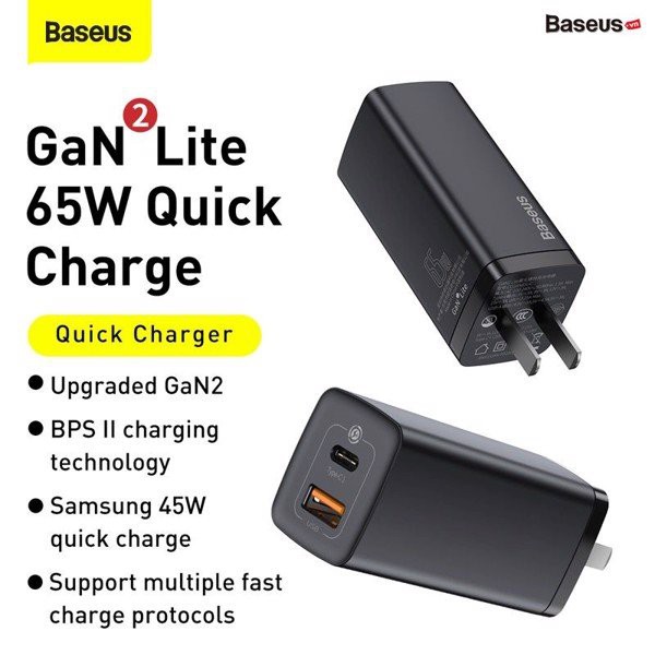 Sạc nhanh Baseus Gan Pro Quick Charger 65W lite 2 cổng Type C + USB cho Smartphone/ Tablet/ iPad/ Macbook/ Laptop