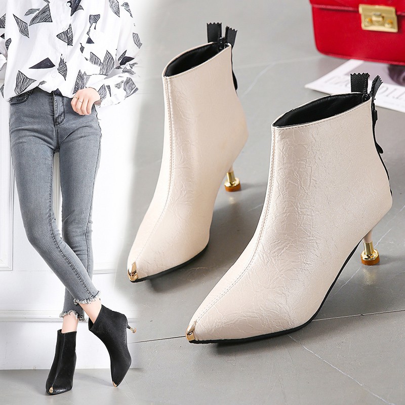 Boot Cao Gót Mũi Nhọn S015 Hàn Quốc / Bốt Gót Nhọn Kéo Khóa Sau/ Giày Cao Cổ/ Bốt Cao Gót Da