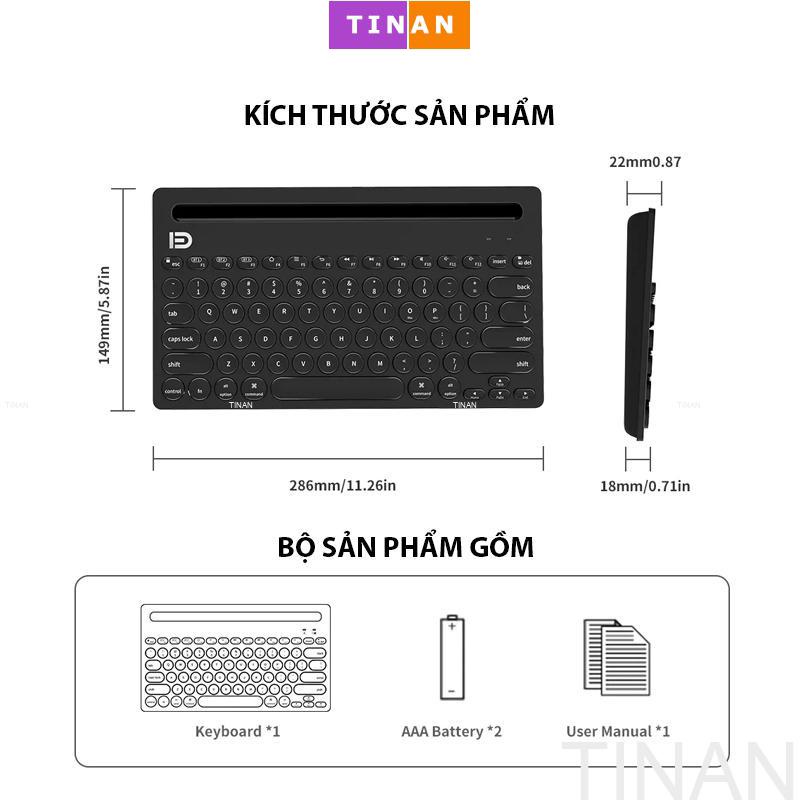 Bàn Phím Bluetooth Không Dây FD iK3381, Kết Nối 3 Thiết Bị, Dùng Cho Máy Tính Bảng, Laptop