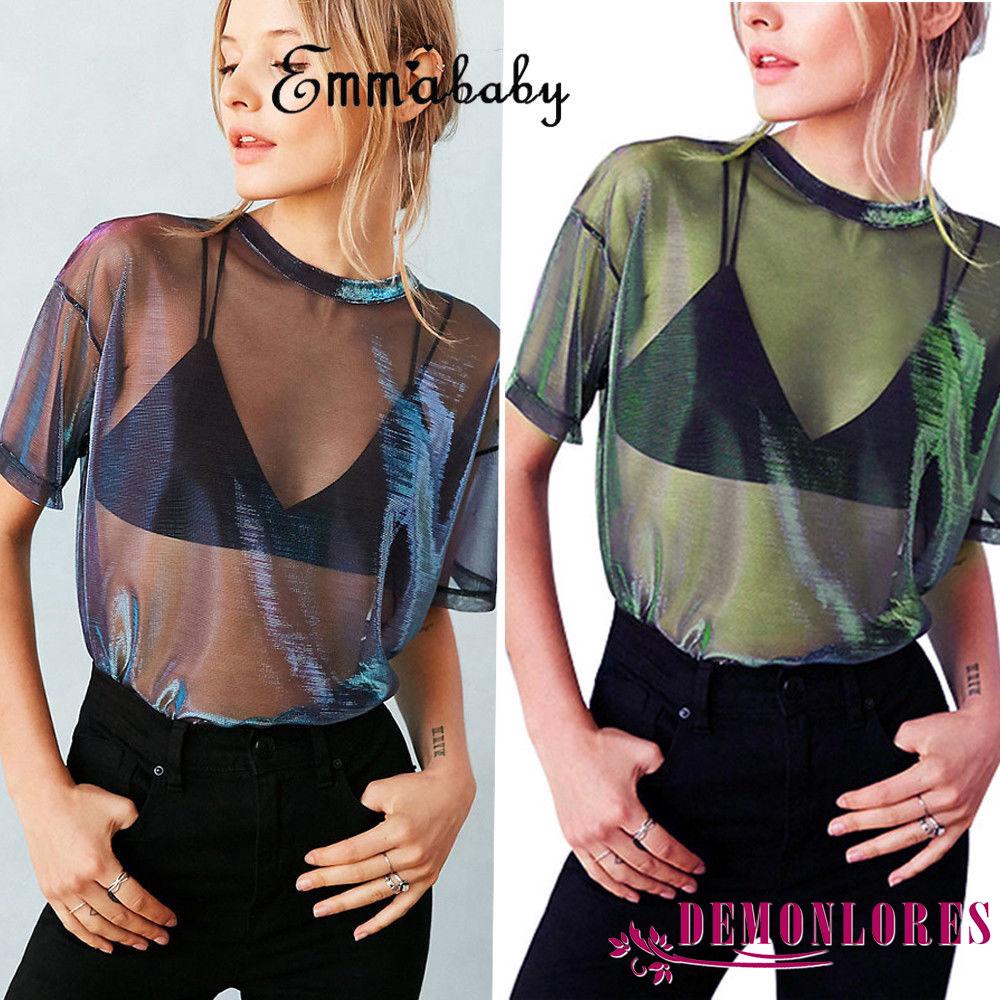 Áo Croptop tay ngắn chất ren lưới xuyên thấu quyến rũ