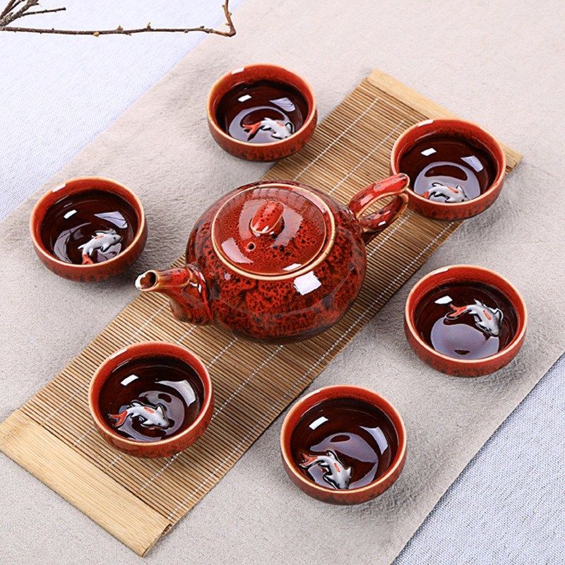 Bộ Ấm Chén Uống Trà Bằng Gốm Sứ Hình Cá Phong Cách Kung Fu H2