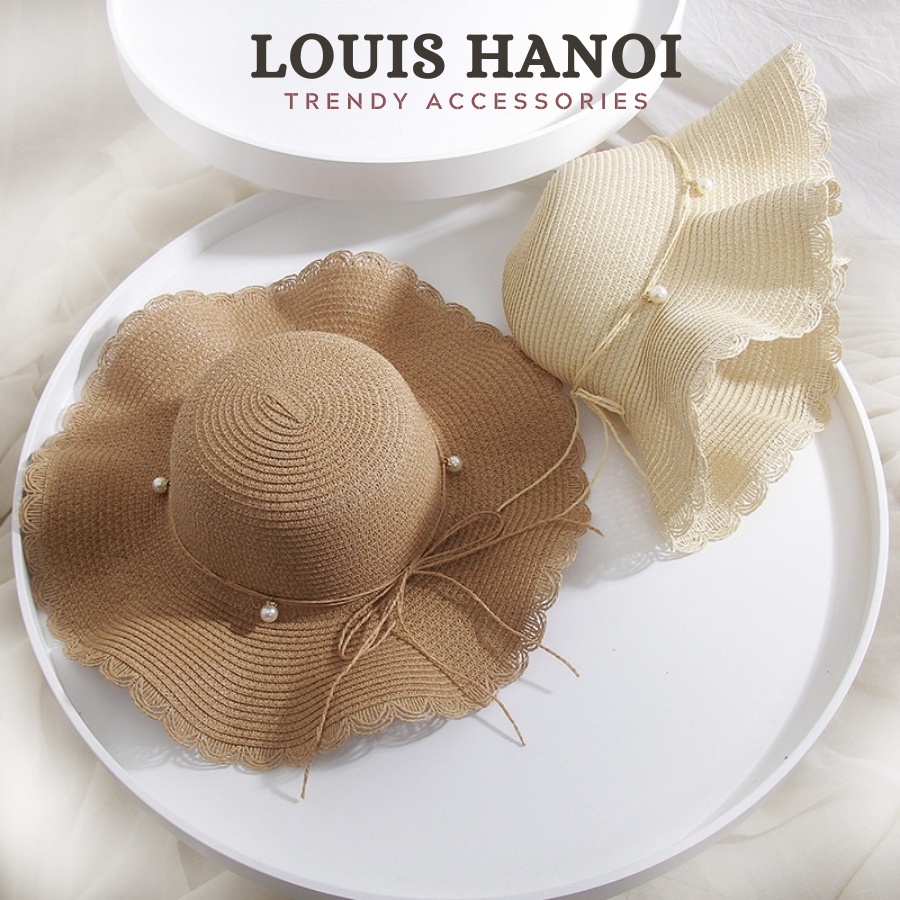 Nón Cói Đi Biển Rộng Vành Chống Nắng - Mũ Đi Biển Vành Sóng Cột Nơ Dây Đính Ngọc Xinh Xắn