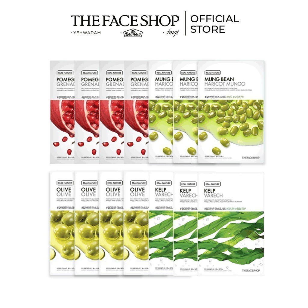 [Mã FMCGMALL -8% đơn 250K] Bộ 14 Mặt Nạ Real Nature TheFaceShop Mix (Pomegranate, Olive, Mung Bean, Kelp) 20g x 14 Miếng