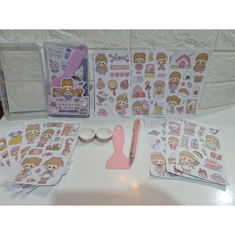 HỘP NHỰA 10 TỜ STICKER LỚN KÈM BÚT DAO CẮT STICKER CHUYÊN DỤNG VÀ 1 CÂY MIẾT STICKER, 2 CUỘN WASHITAPE  MÃ SZ45-05