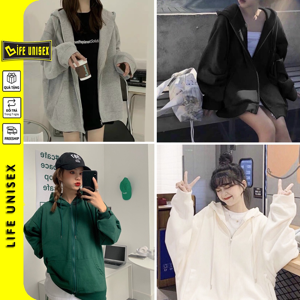 Áo Khoác Hoodie Nỉ TRƠN TAY PHỒNG Nam Nữ Ulzzang Unisex Dây Kéo, Áo Khoác Nỉ Form Rộng LIFE UNISEX