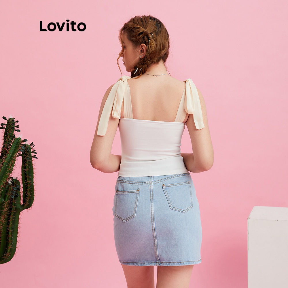 Áo ba lỗ Lovito màu trơn cột dây hở vai buộc nút phía trước xếp nếp L10952 (màu trắng)