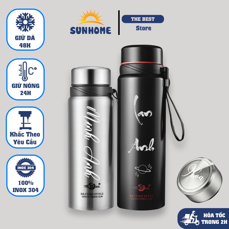 Bình giữ nhiệt nóng lạnh SUNHOME bình đựng nước inox 304 giữ đá 48h dung tích từ 600ml -1500ml khắc tên theo yêu cầu