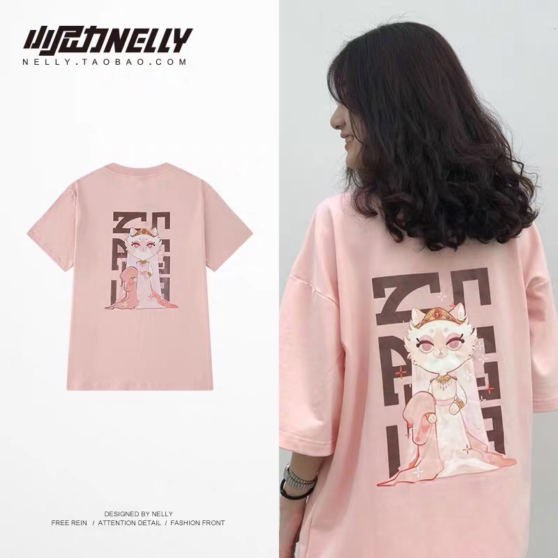 [FREESHIP](CÓ SẴN)HÀNG CHÍNH HÃNG thun NELLY HEYBIG unisex tay lỡ,áo thun dáng rộng hoạ tiết mèo đức vua mã THDX6406AX