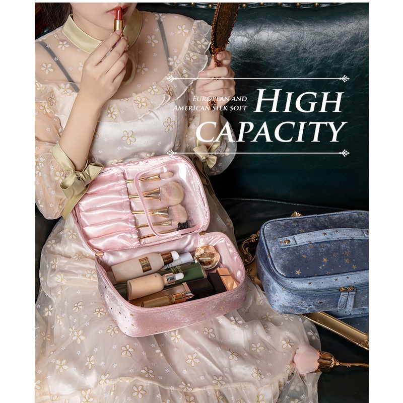 Túi Đựng Mỹ Phẩm Cầm Tay Bằng Nhung Sức Chứa Lớn Phong Cách Châu Âu Cổ Điển