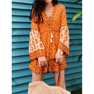 Jumpsuit tay dài cổ chữ v thiết kế tua rua phong cách bohomian