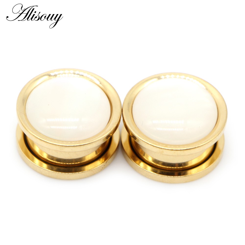 Alisouy 2 cái thép không gỉ màu xanh opal vỏ bông tai tai mở rộng phích cắm căng da tai đường hầm đồng hồ đo xuyên trang sức cơ thể