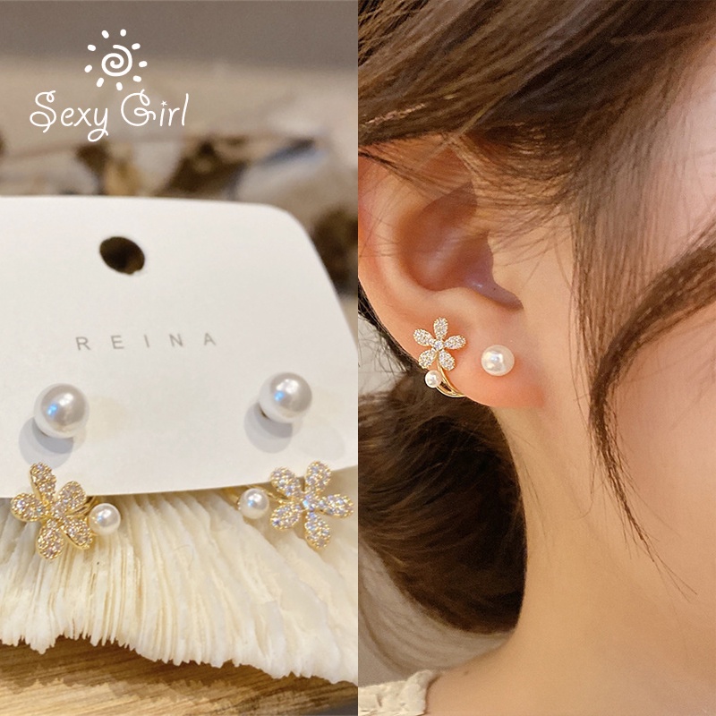 Khuyên Tai Hai Hàng Hình Hoa Nhỏ Xinh Đính Ngọc Trai Phong Cách Hàn Quốc